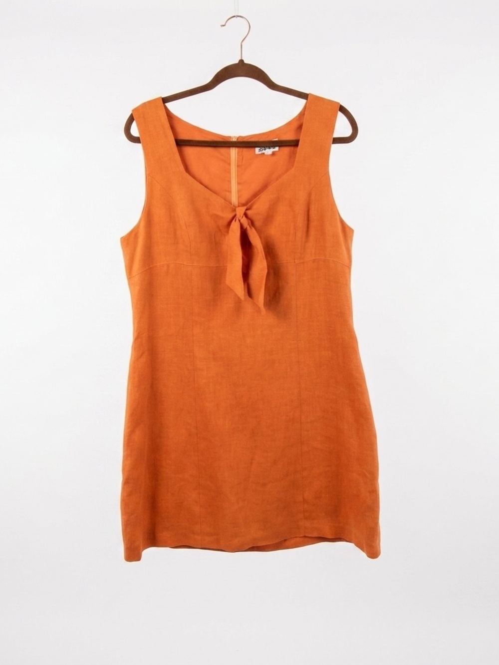 Sāke 100% Linen Tie Front Shift Dress Burnt Orange Size 12 Made in Romania